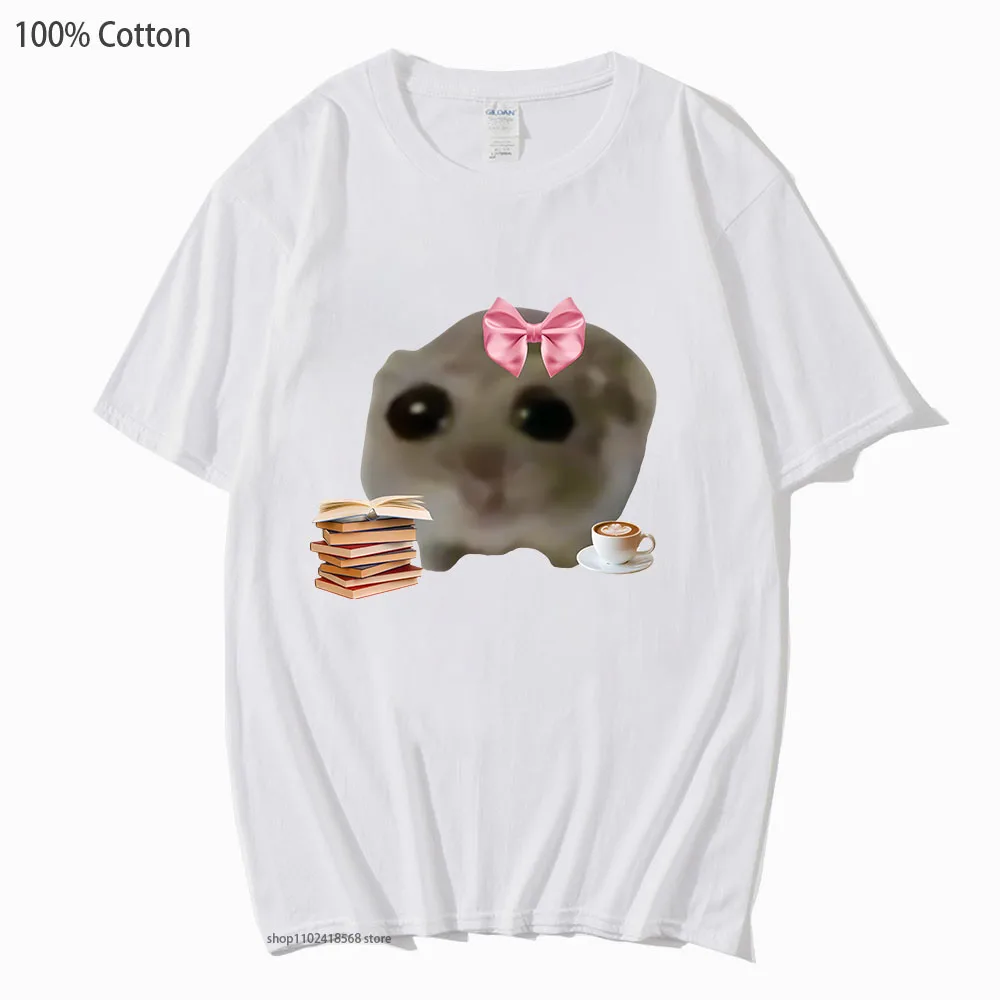 Sad Hamster Meme T-Shirts Reading Books Graphic Shirt Kawaii Cute Girls Casual 100%Cotton Women/Men Tee-shirt Y2k Clothes Unisex