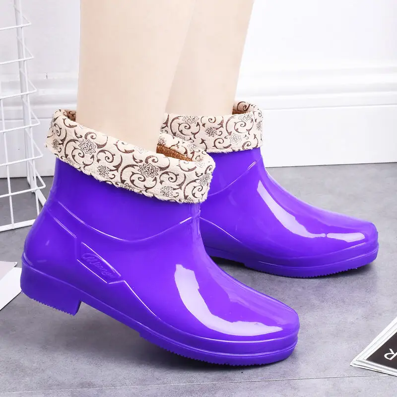 Feerldi Purple Women Waterproof boots Low Heels Colorful Polka Dot Rain boots for women Plush Warm Water Shoes