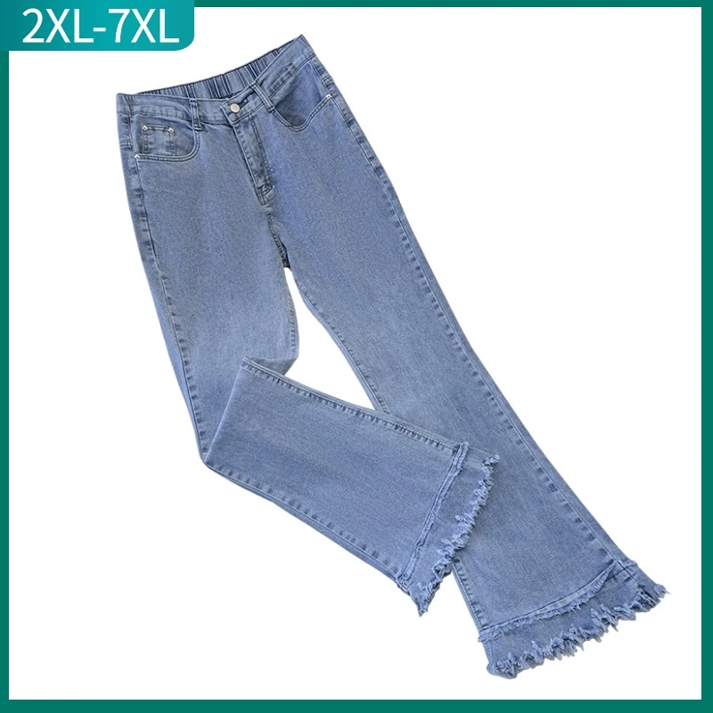 New 2023 Ladies Summer Plus Size Flared Jeans For Women Large Slim Elastic Cotton Blue Pocket Denim Trousers 3XL 4XL 5XL 6XL 7XL