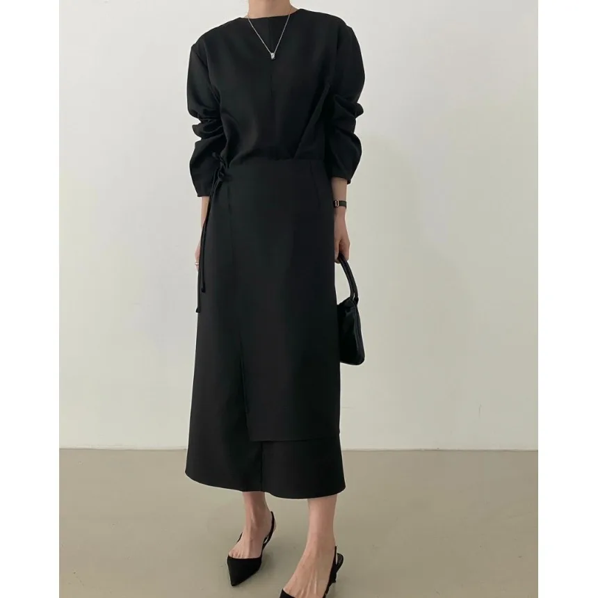 Korean Style round Neck Apron Two-Piece Set Dress with Tie Ladies Loose Fit Long Sleeve Polyester Fabric Pure Color T-Shirt