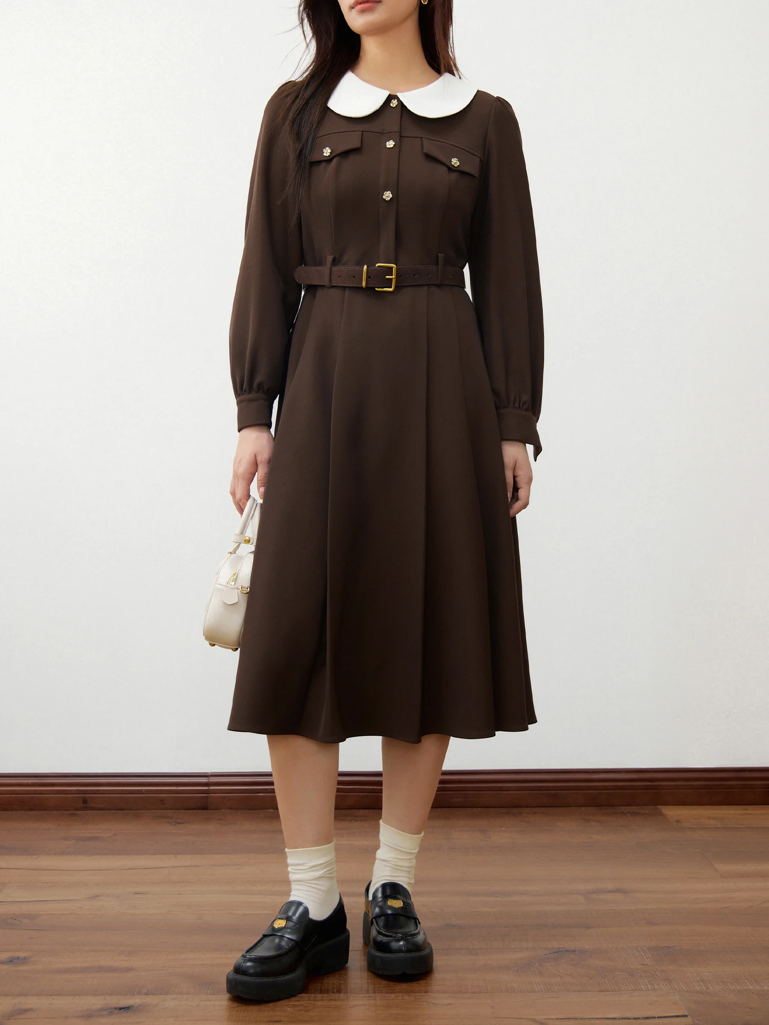 DUSHU Women Winter Thicken Dress Contrasting Color Peter Pan Collar Female Brown Long Dress Without Sashes Twill Dress 24DS84414