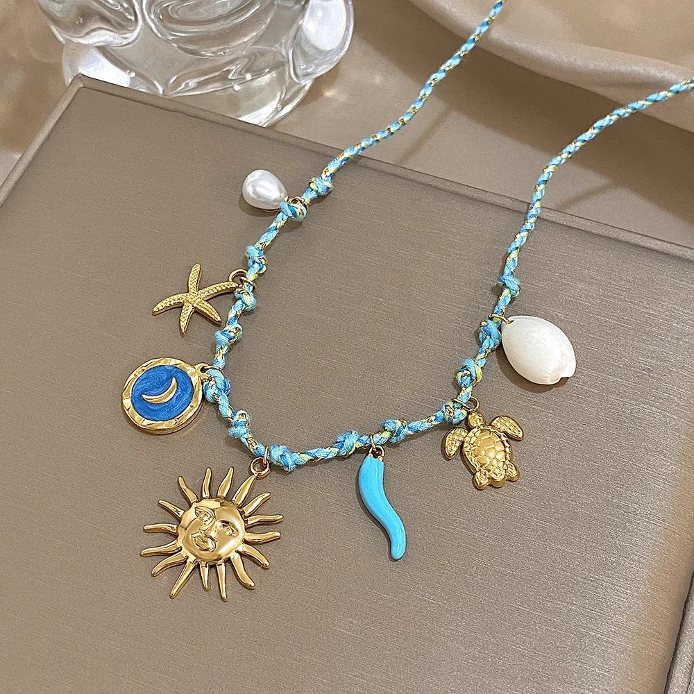 

Bohemian Stainless Steel Starfish Turtle Sun Pendant Necklace for Women Retro Rope Chain Necklace Jewelry on the Neck