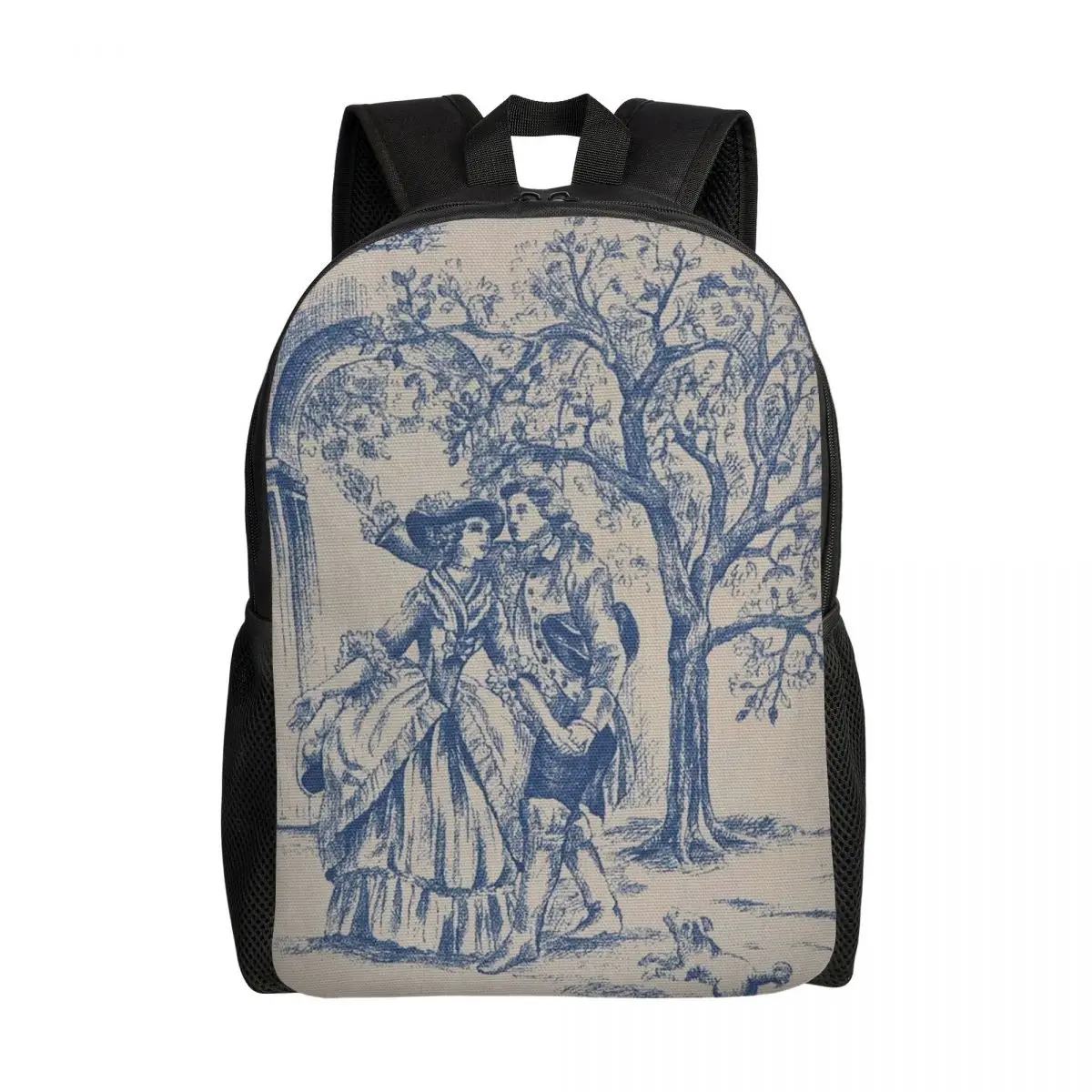 Vintage Classic French Toile De Jouy Navy Blue Motif Pattern Laptop Backpack Men Basic Bookbag for School College Students Bags