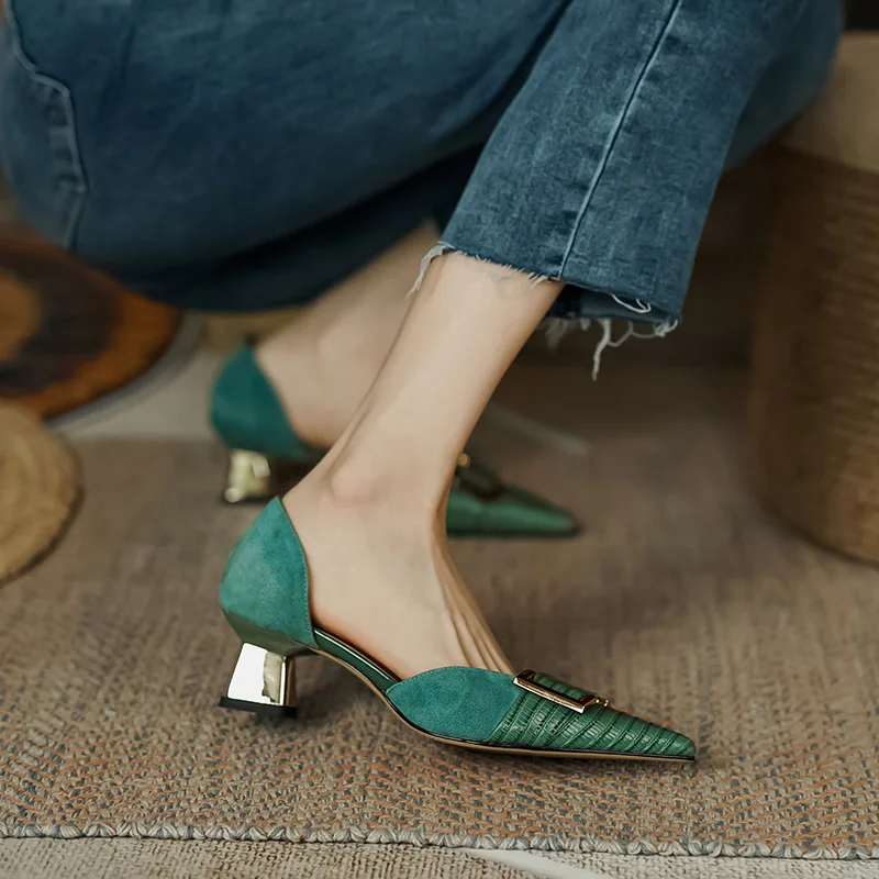 Spring 2022 Genuine Leather Women Shoes Fashion Pointed Toe Low Heel Pumps Shoes for Women Zapatos De Mujer Full Leather Sandals