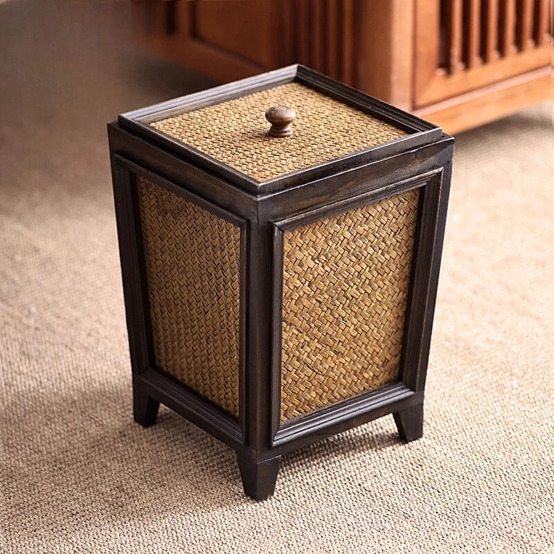 Chinese Vintage Paper Basket,Mid-Century Modern Bamboo Waste Bin,Solid Wood Zen Trash Can for Home,Rustic Office Bedroom Decor