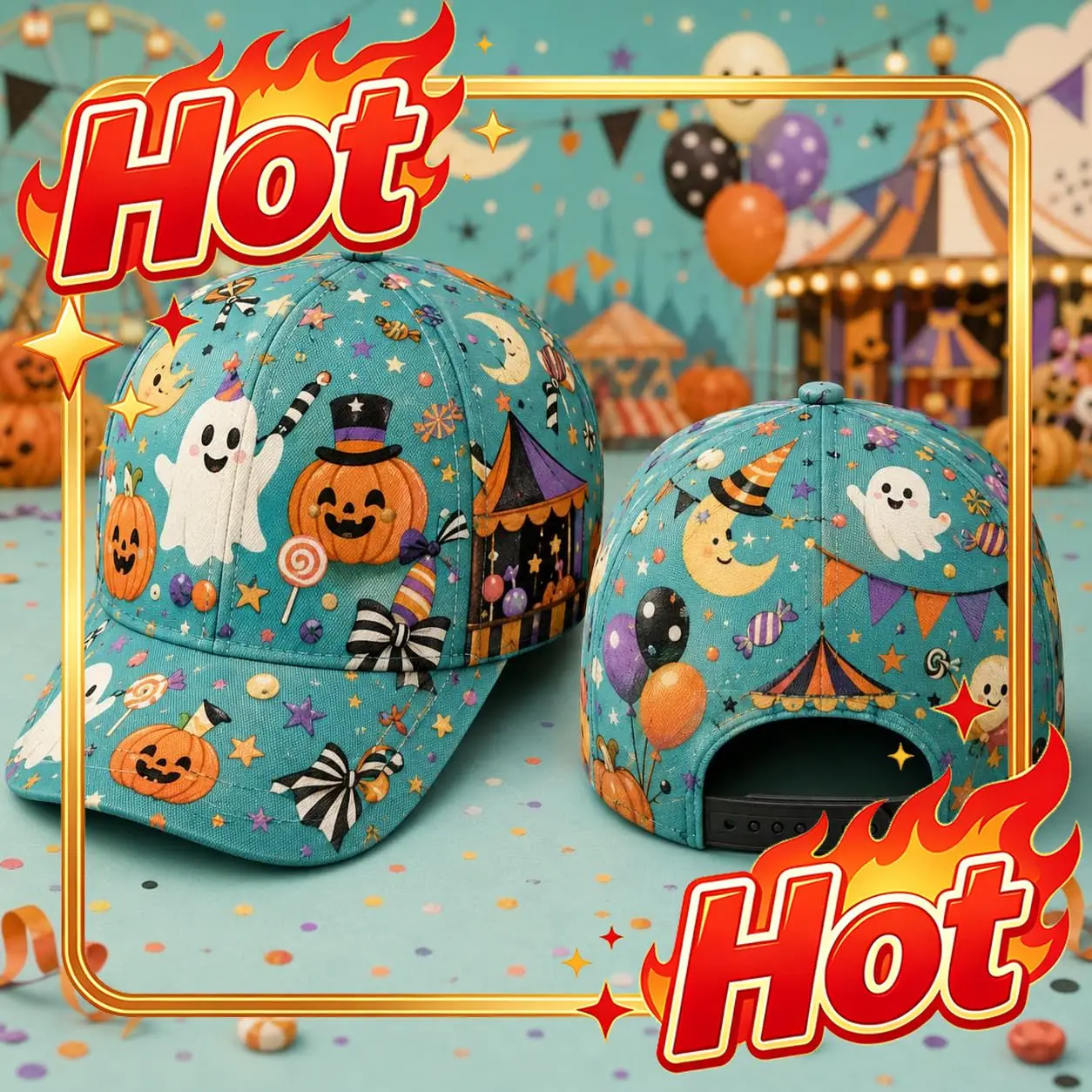 Custom Men' Retro Turquoise Baseball Cap With Pumpkin Candy Print - Adjustable Snapback Hat Suitable For Halloween, Trick Or Tre