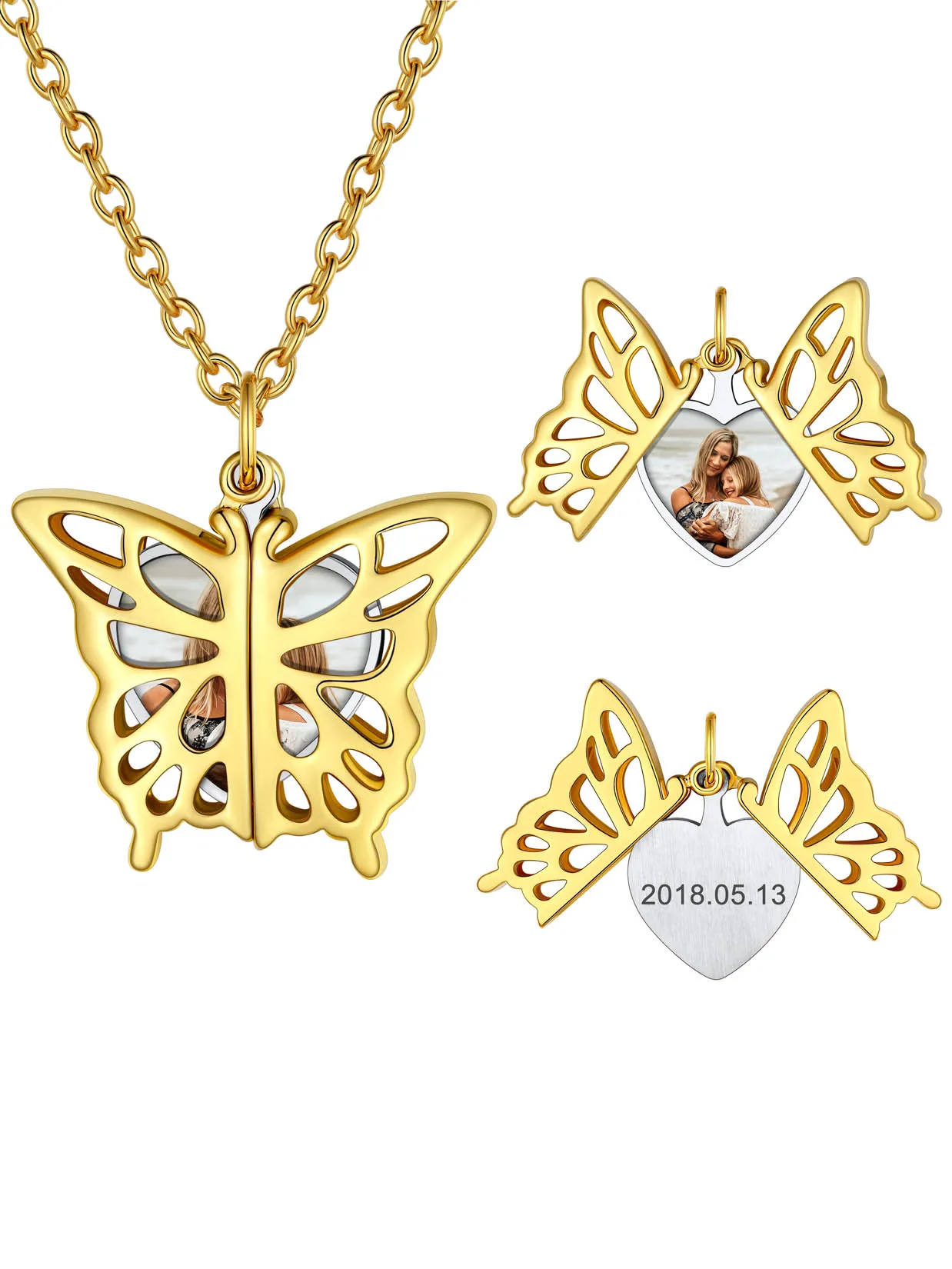 

U7 Custom Butterfly Open Wing Photo Locket Necklace for Woman Stainless Steel Hollow Out Wings Personalized Jewelry for Her