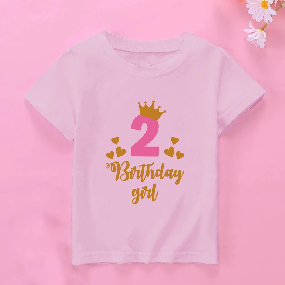 Cute Kids Girls Gift Summer Birthday T-shirts Short Sleeved T Shirt 1 2 3 4 5 6 7 8 9 10 Year Children Party Clothing Tops