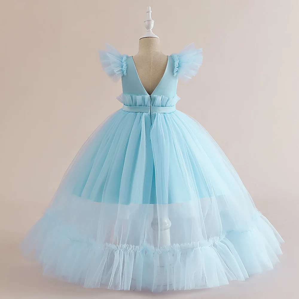 Vestido de flores de tul rosa para niña, apliques de boda con lazo hinchado, espalda en V, vestido de baile de primera comunión de princesa de cumpleaños para niños