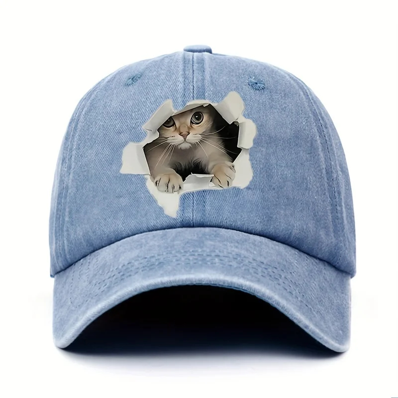 A Cute Cat Designed Cotton Adjustable Retro Washed Baseball Cap Sun Protection And Durable Animal Themed Printing Workmanship