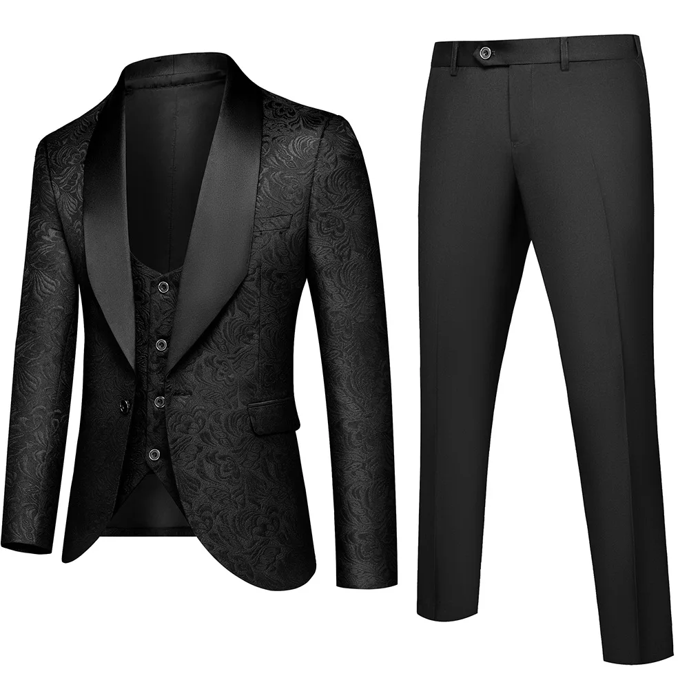 

Handsome Black Jacquard Men Suits One Button Shaw Lapel Slim Fit Blazer Elegant Business Prom Party 3 PCS Jacket Vest Pants Set