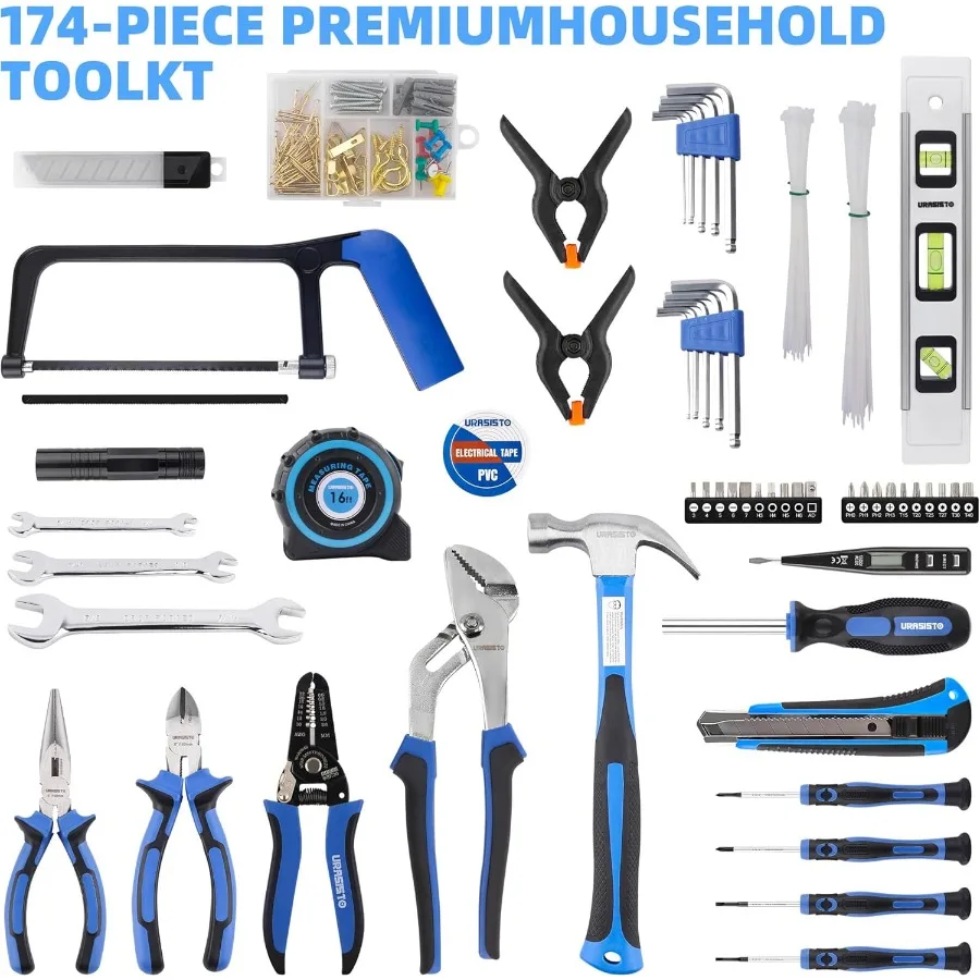 Kit de herramientas premium de 174 piezas para tareas de reparación y mantenimiento del hogar, incluye bolsa de almacenamiento abierta de boca grande de 14 pulgadas con órgano