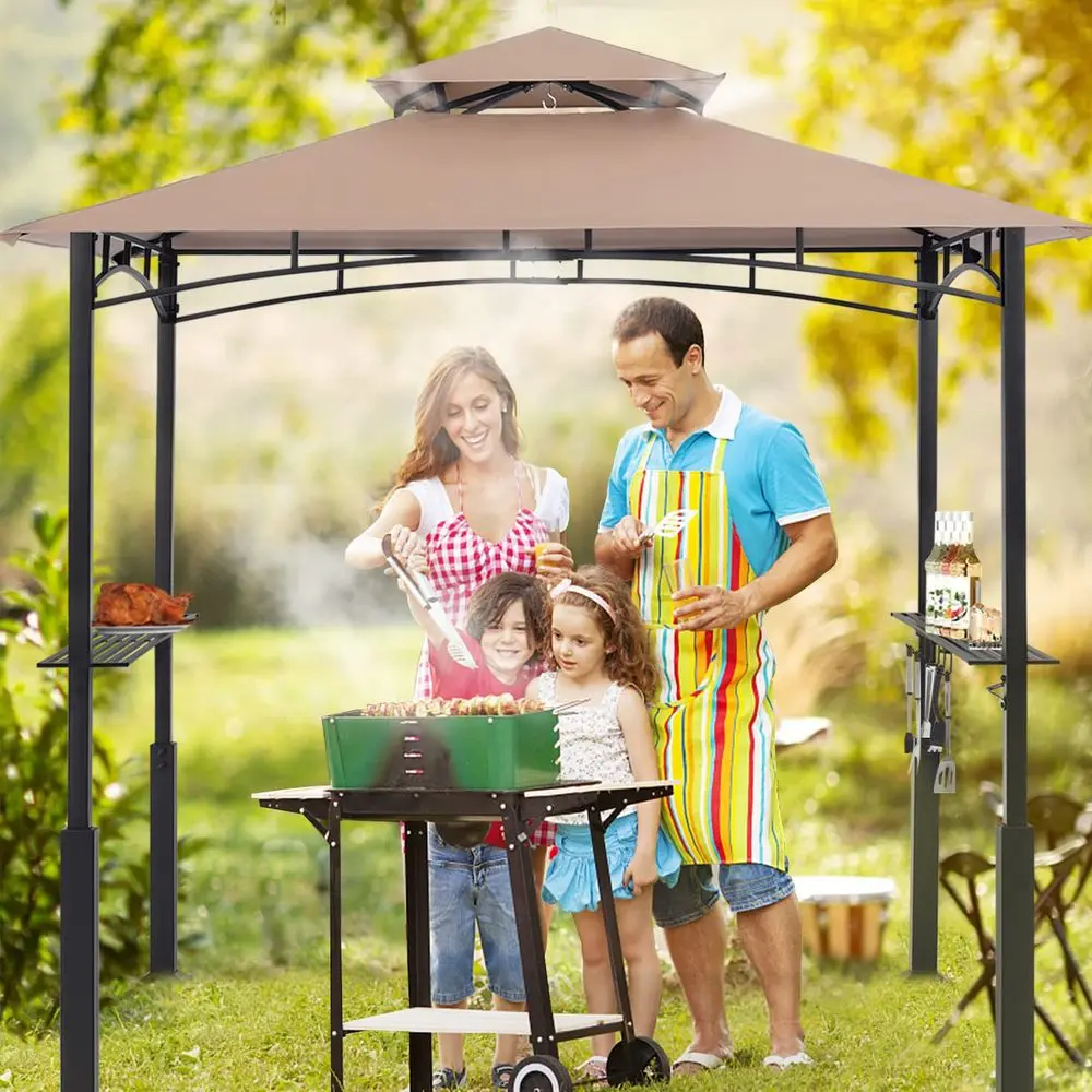 8x5 Grill Gazebo Outdoor BBQ Canopy Shelter with Led Light for Patio Backyard Grilling Khaki