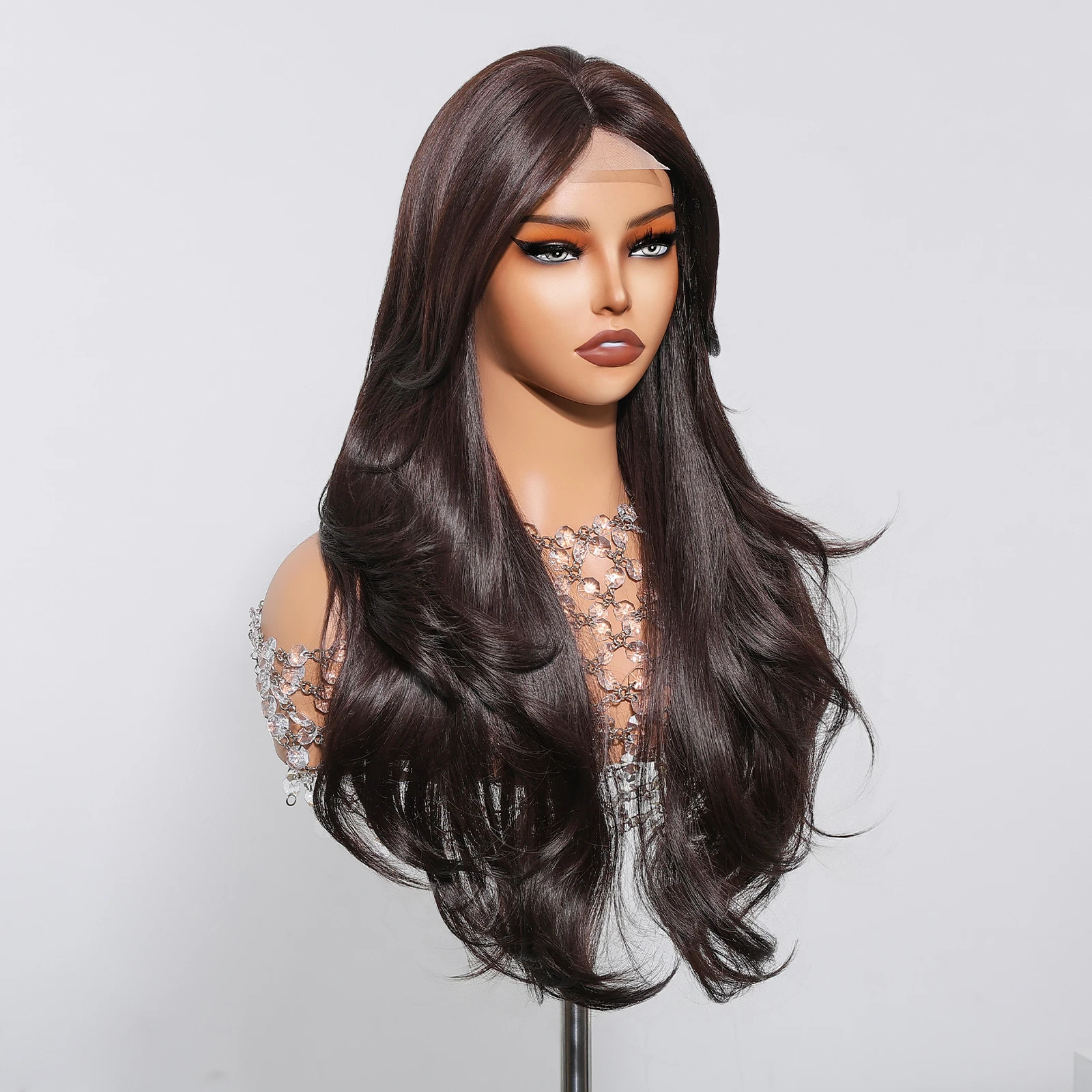 ALAN EATON Black Lace Front Synthetic Wigs Long Natural Wavy Wig with Bangs for Women Daily Party Use Heat Resistant Fiber