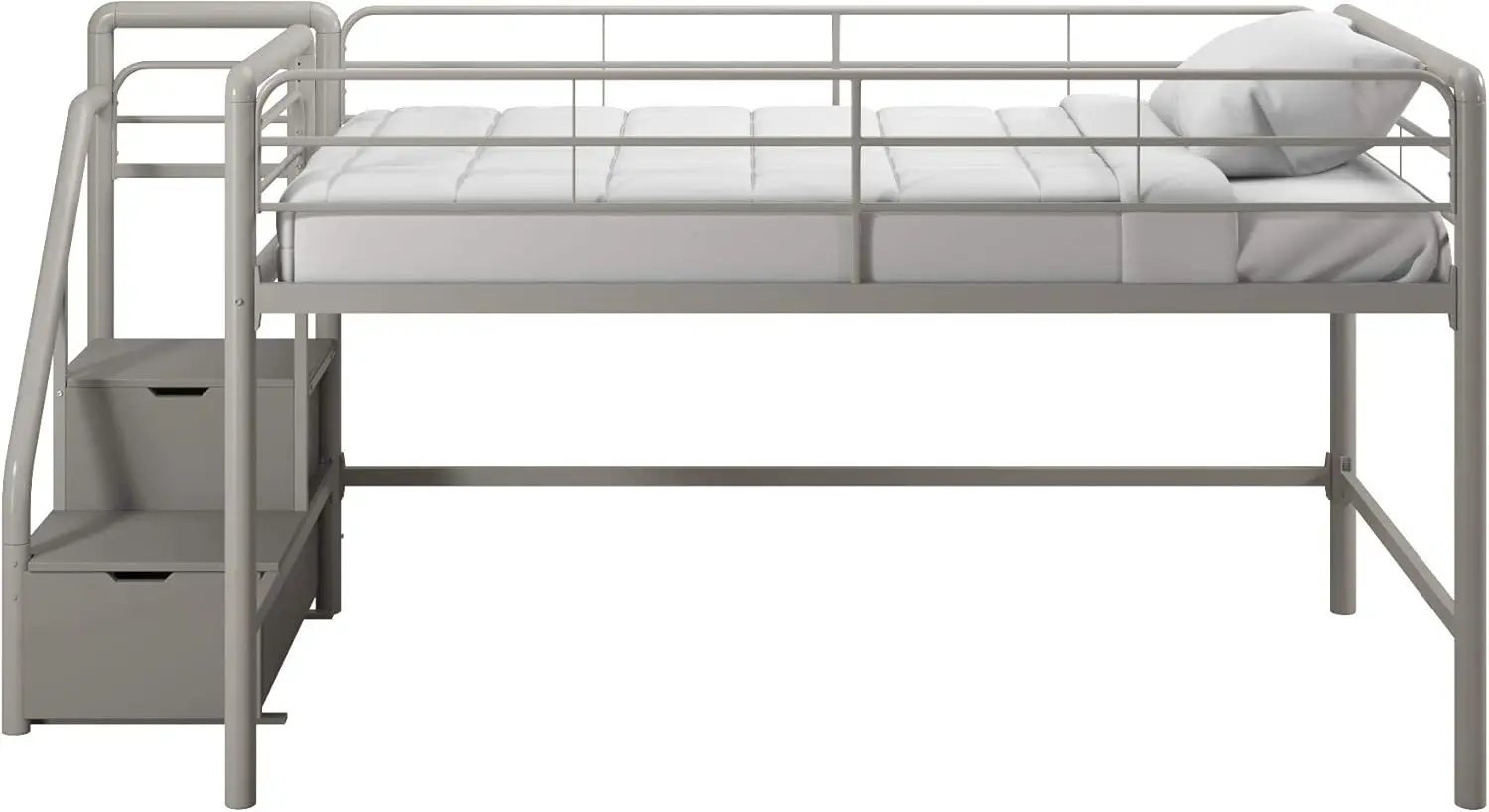 Junior Twin Metal Loft Bed With Storage Steps, Multifunctional Space-Saving Solution - Silver With Gray Steps