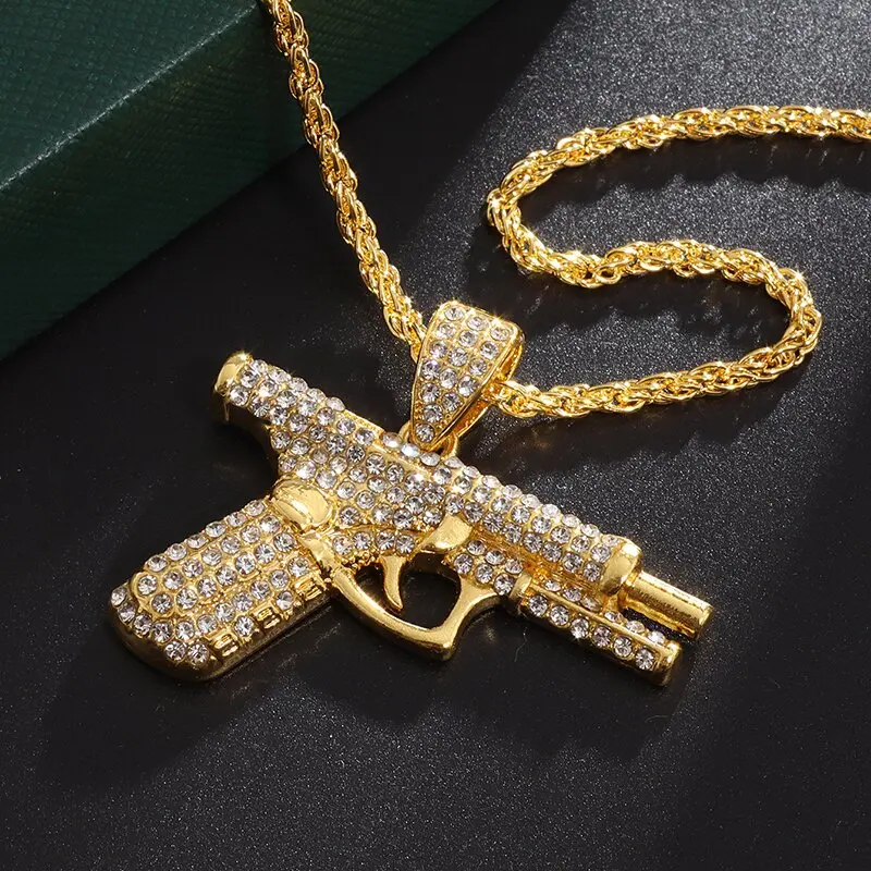 Bling Iced Out Pistol Pendant Submachine Gun Necklace Men Personality Hip Hop Rock Punk Cool Street Party Jewelry Gift view 2