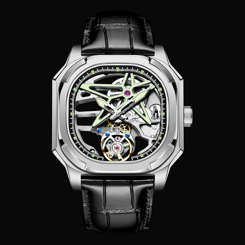 Aesop Luxury Men Tourbillon Mechanical Wristwatch Hand Wind Stainless Steel Square Watch Punk Skeleton Luminous Sapphire Glass