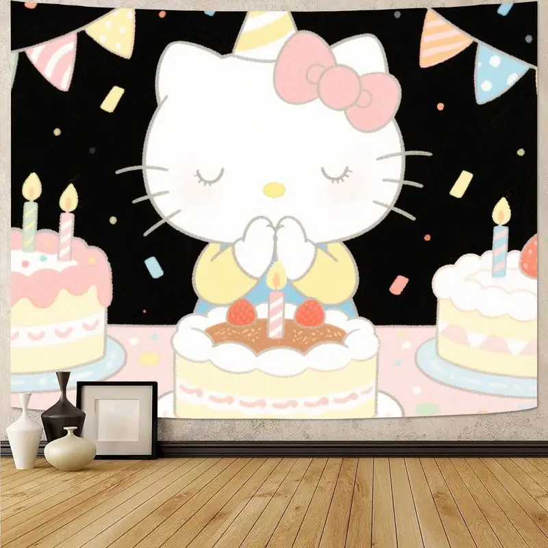 

1 шт. Sanrio Hello Kitty, гобелен с пожеланиями на день рождения, кавайный подарок для девочек, настенное искусство, декор для спальни в общежитии для любителей вечеринок и любителей котят