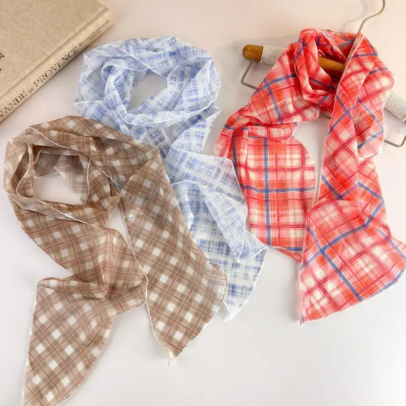 Korean Long Scarves Plaid Floral Print Lightweight Lace Mesh Scarf Versatile Neck Accessory Hair Scarf Neckerchief