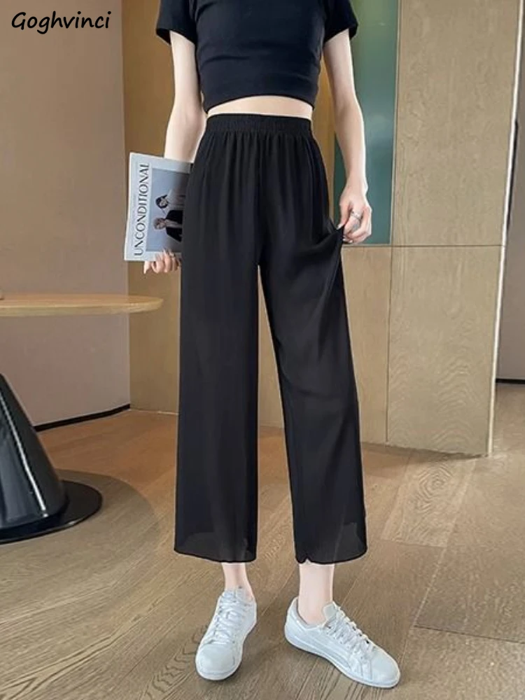 

M-4XL Pants Women Summer Thin Ankle-Length Design Simple Elastic Waist Leisure Office Ladies Comfortable All-match Cool Daily