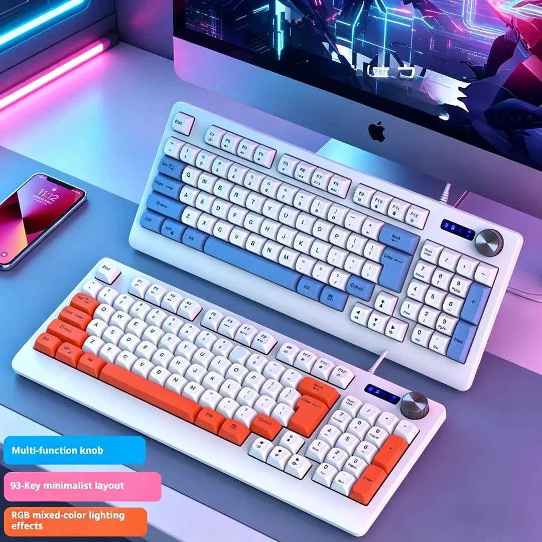 93 Keys RGB Backlit Wired Gaming Keyboard with Multifunction Knob Mechanical Feel Quiet PBT Keycaps Keyboard for Gamer Office