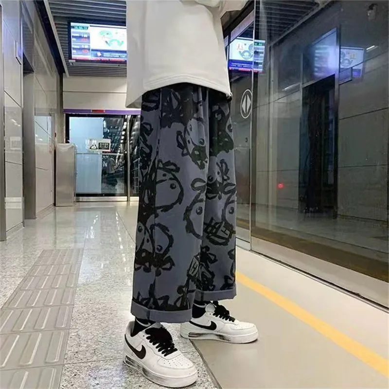 

Casual Pants Women Spring Summer Loose Wide Leg Elastic High Waist Loose Straight Trouser Cartoon Print Pants Japanese Design