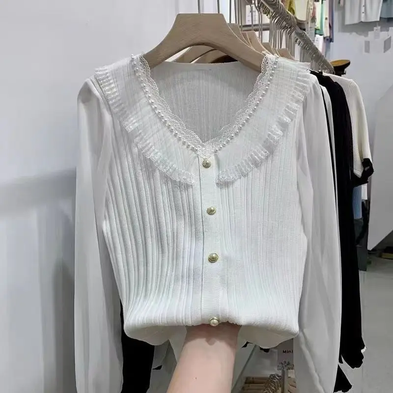 Heavy Industry Ear Edge V-neck Nail Bead Chiffon Bubble Long Sleeve Knitted Shirt New Women's New Slim Fit Top