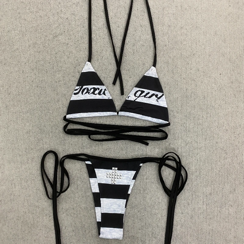 

2000s Sexy spicy girl style American High street fashion trendy Harajuku summer retro striped wall hanging suspender Bikini sets