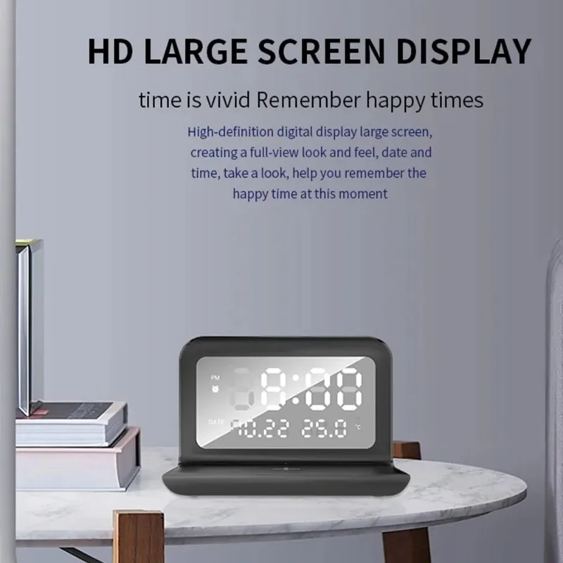 2in1デジタル目覚まし時計-ワイヤレス充電ステーション-hd大画面-時刻・日付・温度表示-デスクトップ用充電スタンド-家庭用