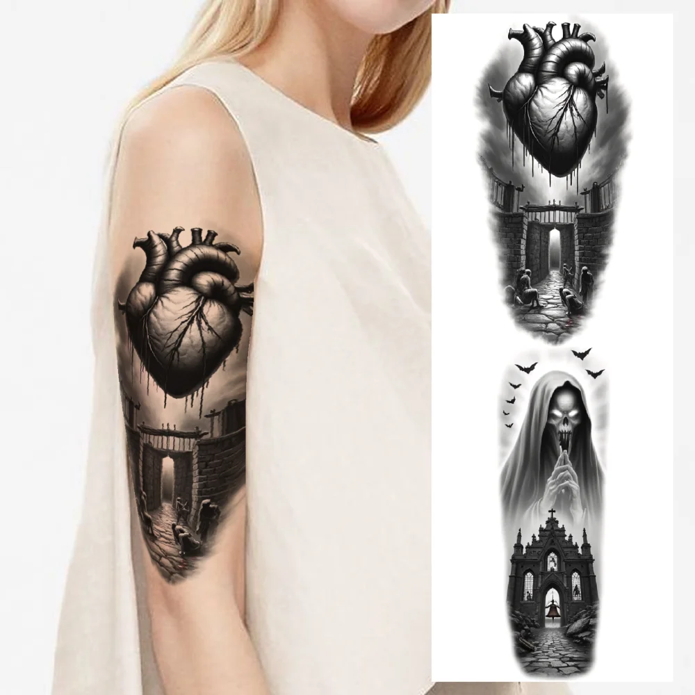 3pcs 임시 문신 검정과 회색 현실주의 박쥐 유령의 무서운 타워 남성 여성 성인 / 타투 \u0026 바디아트, image size:1000x1000