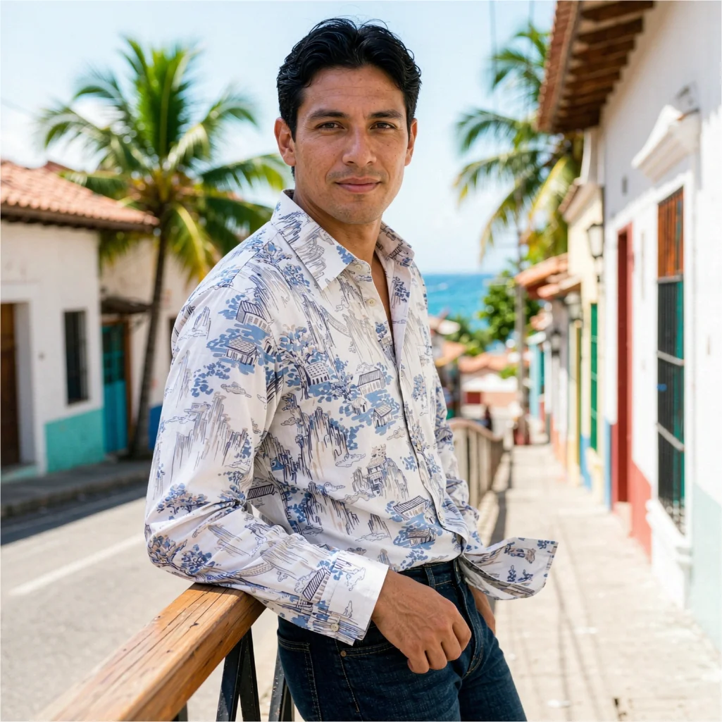 Men's Vintage Chinese Landscape Print Shirt Ink Painting Long Sleeve Casual Button Down Top Retro Ethnic Style Loose Fit Cotton