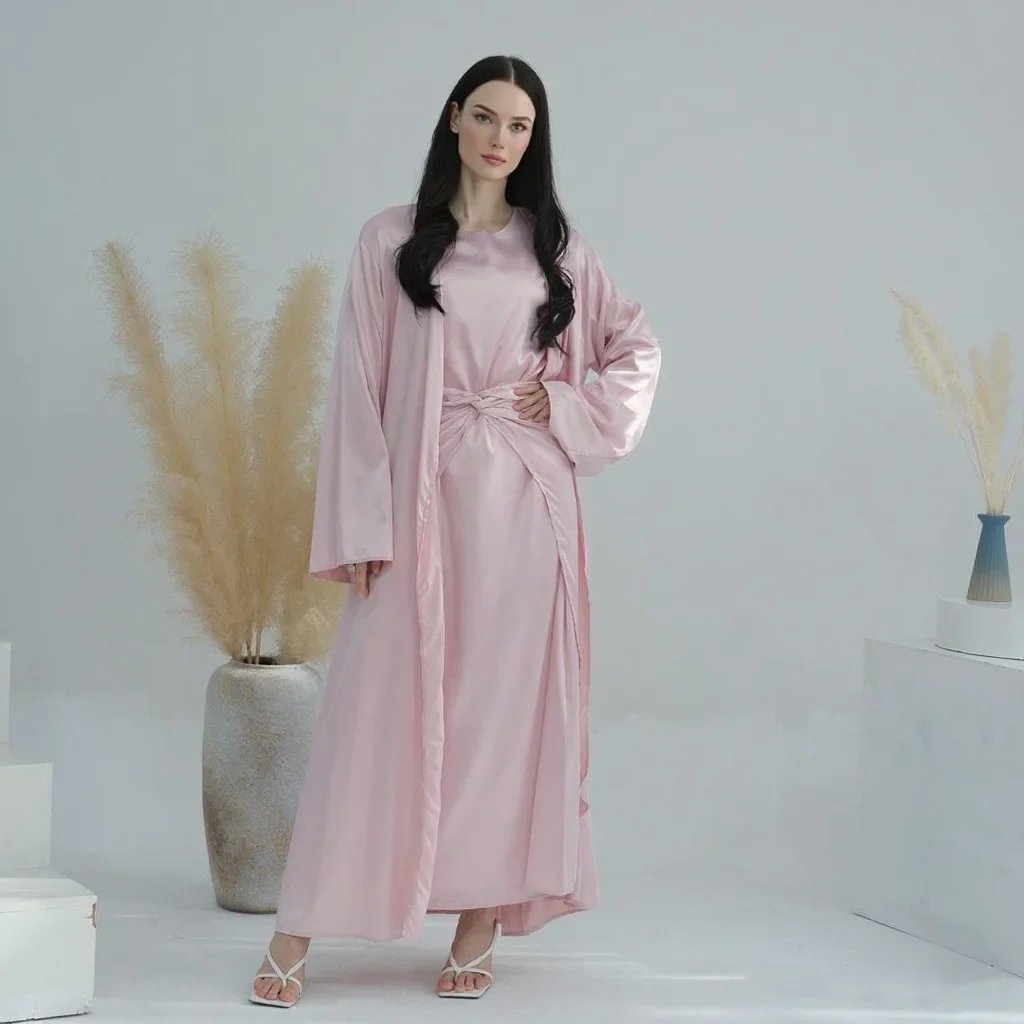 Moyen-Orient couleur unie femmes musulmanes turquie dubaï trois pièces ensemble Abaya Robe