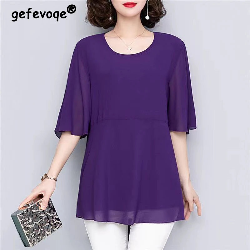 

2023Summer Women Simple Elegant Irregular Blouse Fashion Solid Short Sleeve Office Lady Casual Shirt Loose Tunic Tops Blusas 5XL