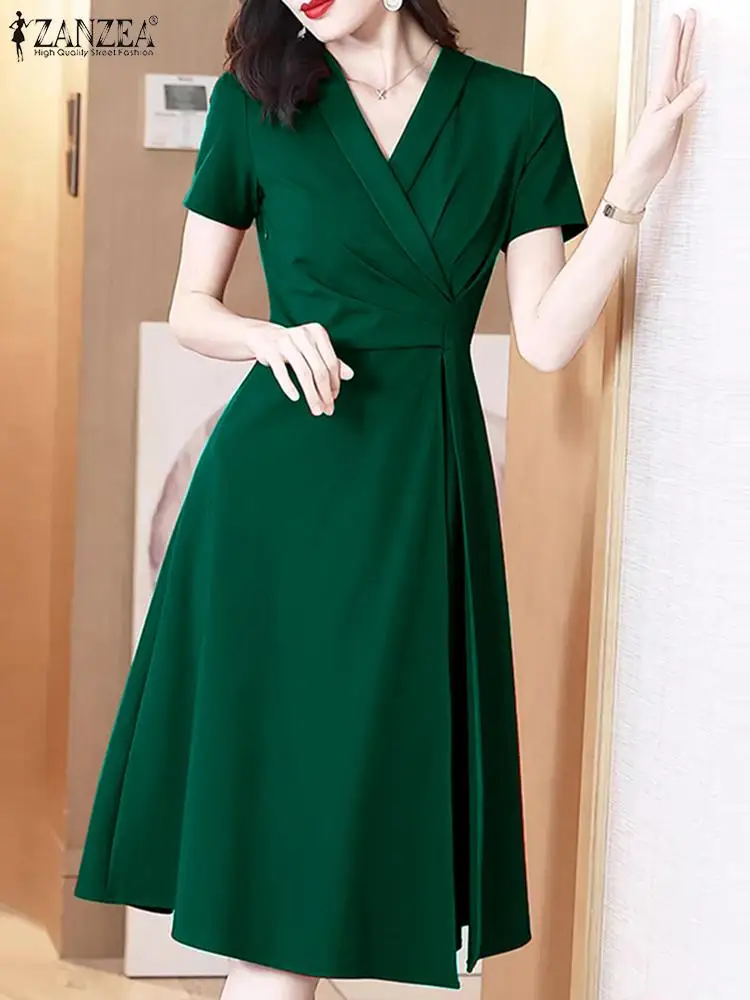 

ZANZEA 2024 Summer Party Prom Dresses Elegant Women Pleated Dress Korean Short Sleeve Collect Waist Robe Vintage Office Vestidos