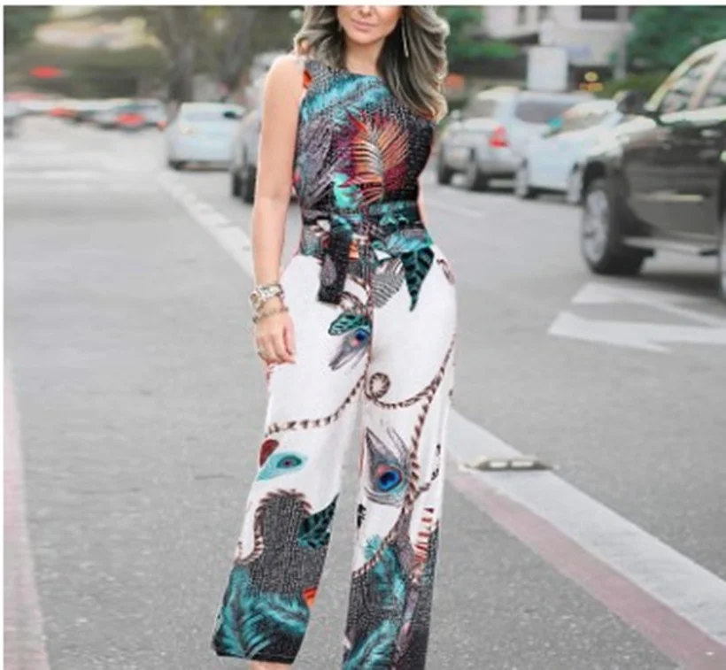 

Women's Peacock Print Sleeveless Jumpsuit Overall Casual Long Pants Summer Spring Jumpsuits