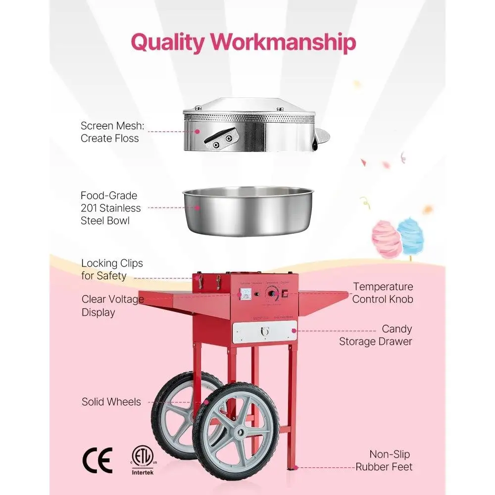 Commercial Cotton Candy Maker Machine with Cart for Parties 1000W Red Floss Machine Fun Treats for Events