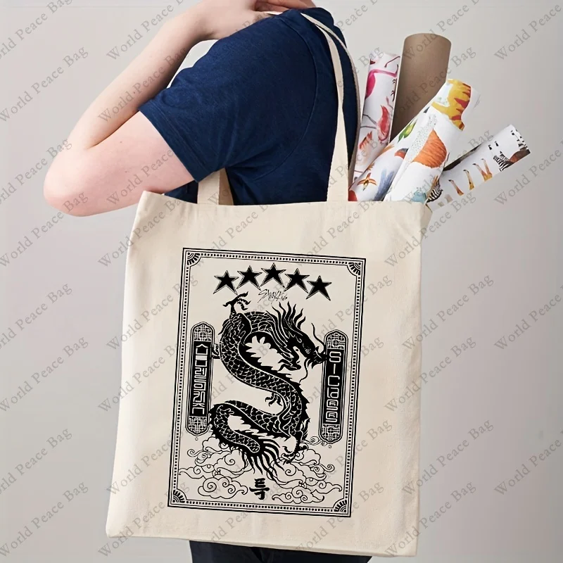 1pc Dragon Stay Pattern Kids Tote Bag, Vintage Casual Shoulder Bag, Canvas Luggage Bag Shopping Bag  Canvas Tote  Shopper Bag