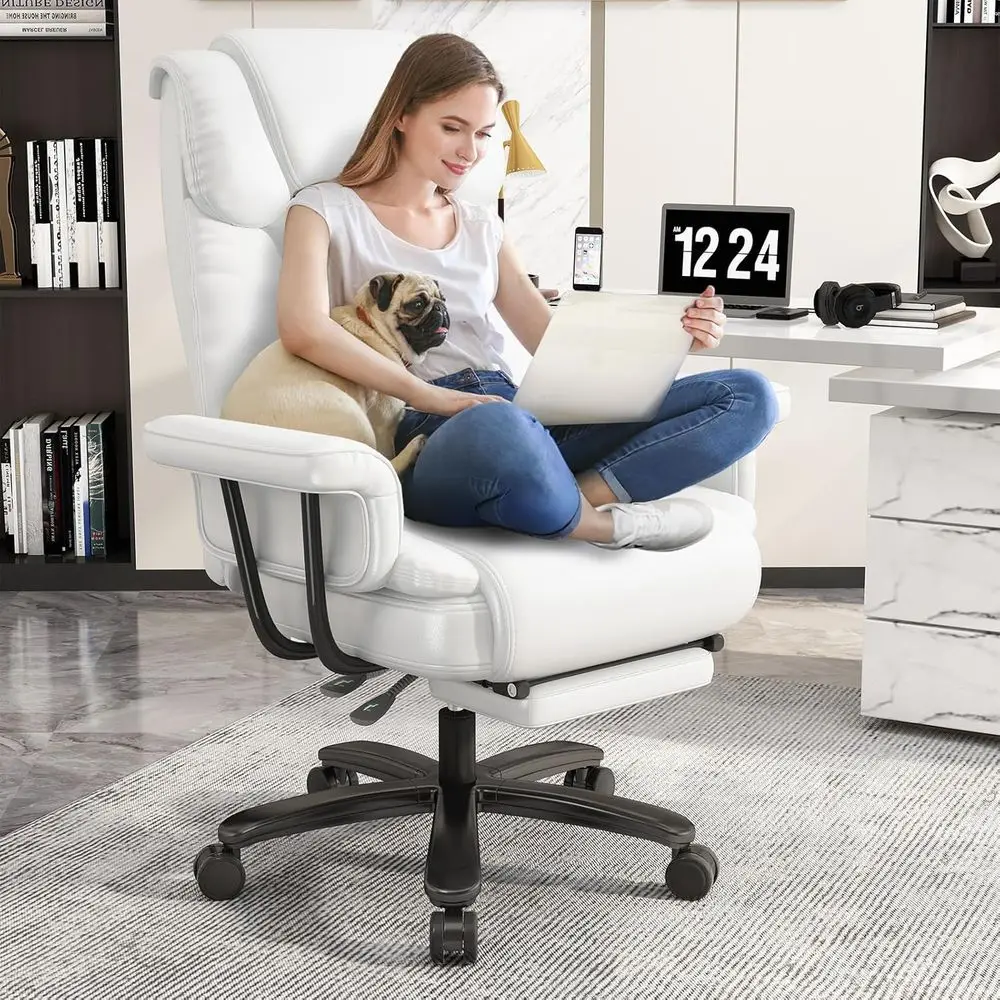 

160° Reclining Big and Tall Office Chair with High Back, Wide Seat, Arms, Footrest, White