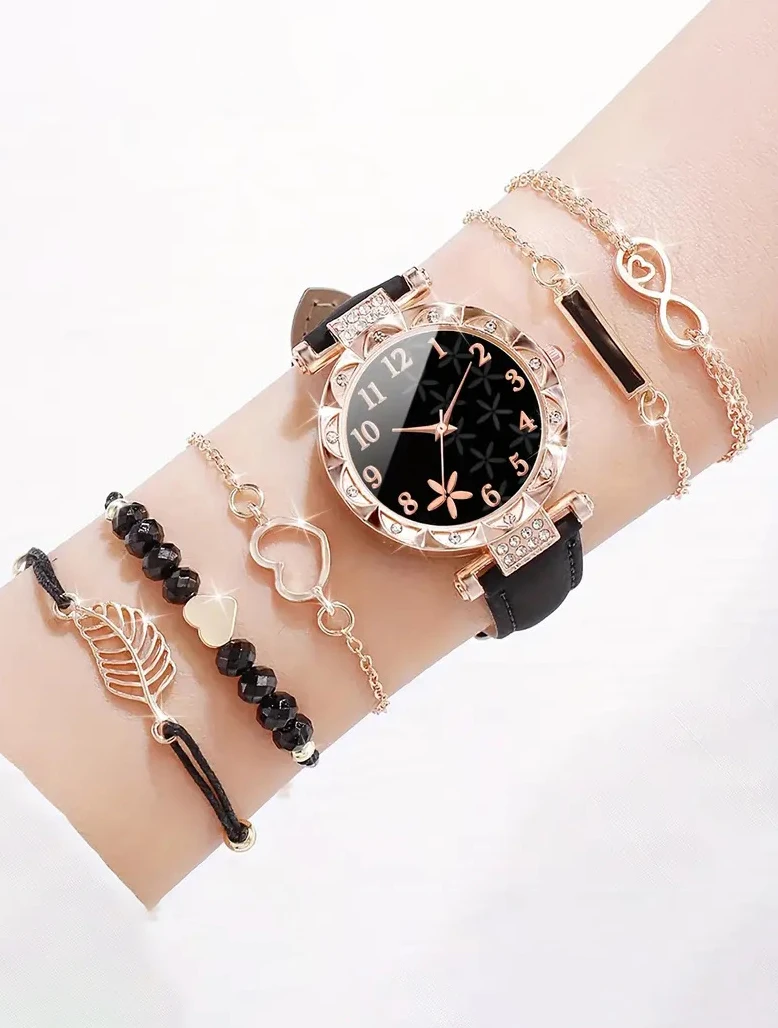 6PCS elegant black leaf plant print ladies quartz watch with black feather Love bracelet set selected gift