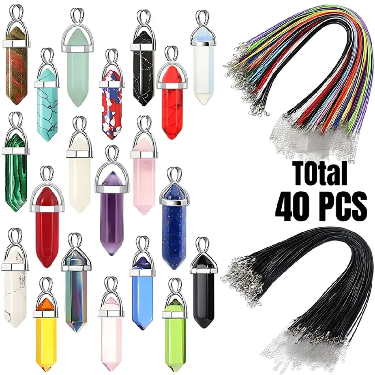 40PCS/30PCS Hexagonal Chakra Synthetic Crystal Pendant , Pointed Quartz Stone With Leather Necklace Chain Storage Bag