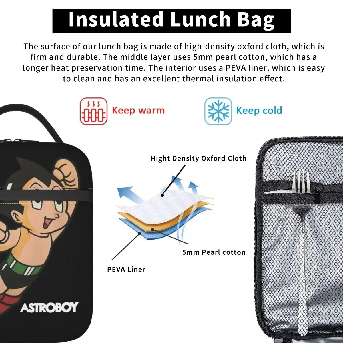 Astroboy-Anime Robô Astro Boy Espaço Isolado Lunch Bag, Leakproof Food Bolsas, Escola Picnic Tote