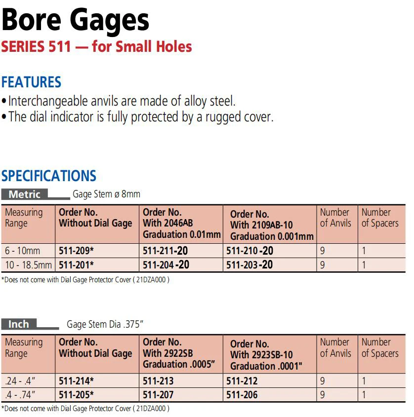 Mitutoyo 511-209 CG-S10A Range 6-10mm for small hole without dial indicator Bore Gage