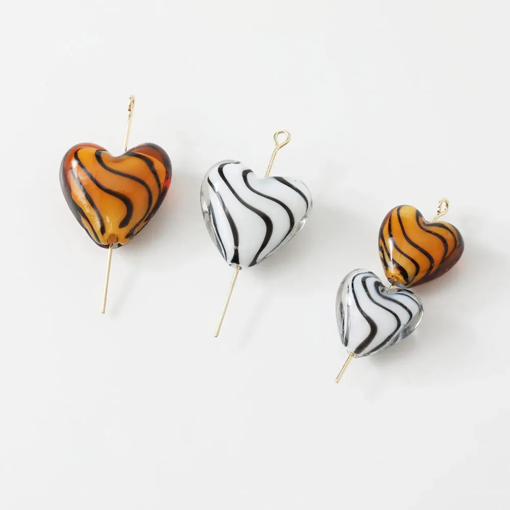 2PCS 15mm Heart Stripe Coloured Glaze Pendant Glass Beads Charms for Jewelry Making Findings DIY Hand Made Accessories