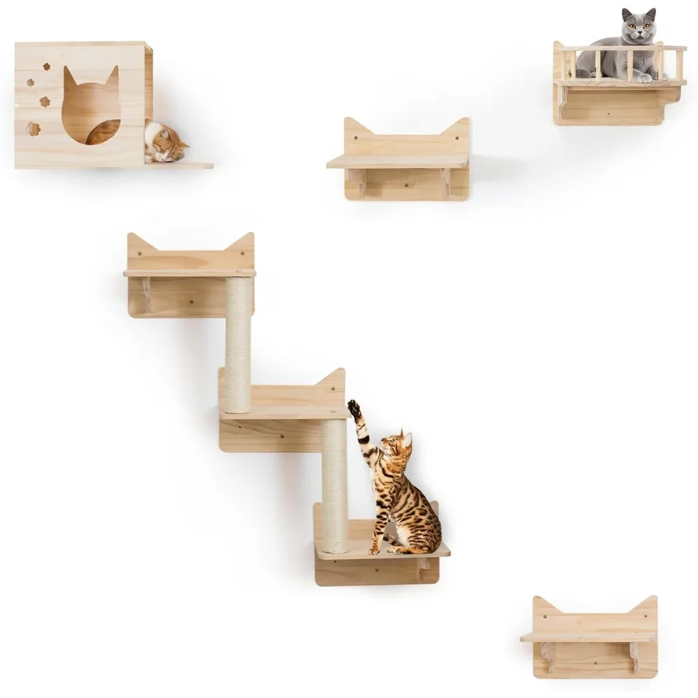 

9-Piece Wall-Mounted Cat Shelves Set, House, Lookout Tower, 2 Sisal Scratching Posts, 5-Step Cat Wall Ladder, Pine Furniture, Ex