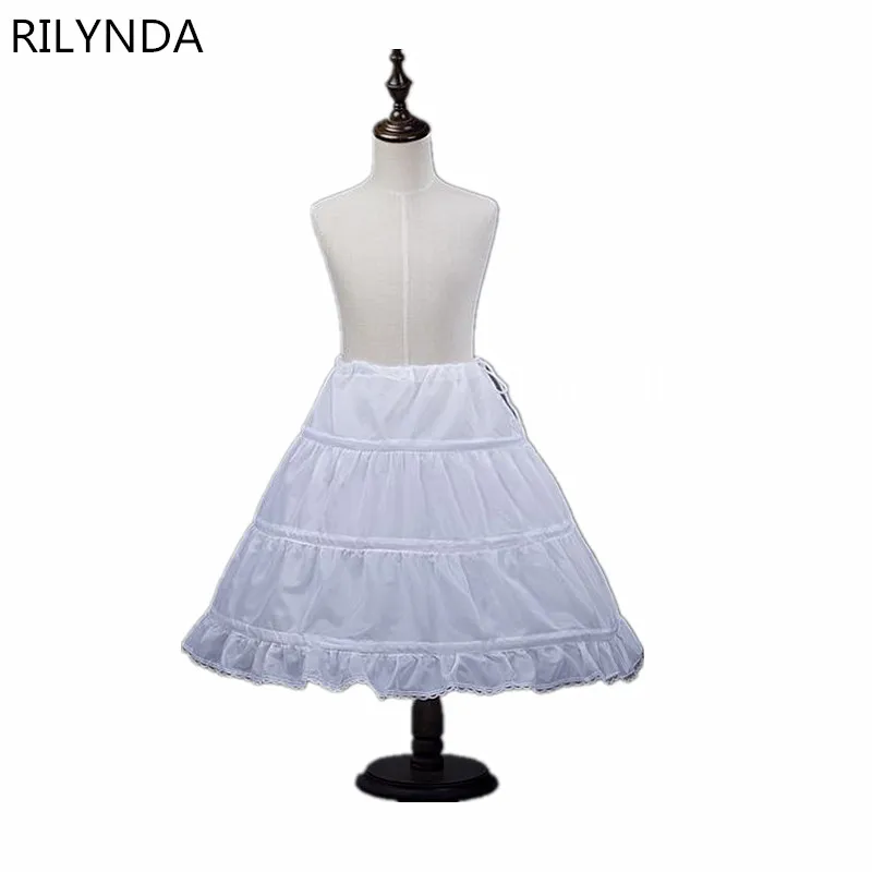 White Child Petticoat A-Line 3 Hoops One Layer Kids Crinoline Lace Trim Flower Girl Dress Underskirt Elastic Waist for Children