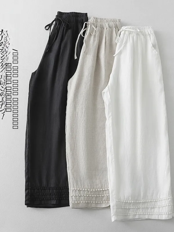 

Korean Japanese Style Casual Wide Leg Pants High Waist Elastic Waist Patchwork Linen Summer Loose Fit Trousers for plus Size ...