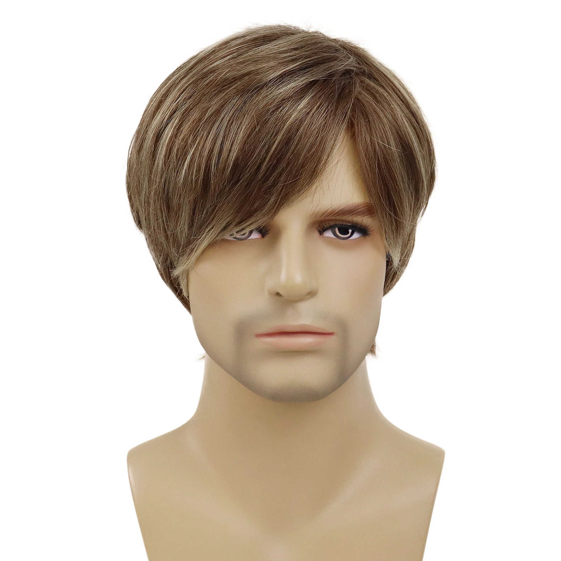Men's Wig Natural Short Straight Synthetic Wigs for Male Mix Brown Highlight Wig with Side Bangs Daily Cosplay Party Halloween image 2