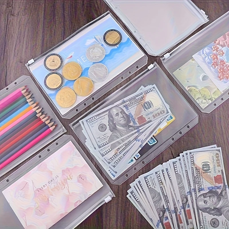 A5 Size 6 Hole Zipper Binder Pockets 5Pcs Waterproof PVC Transparent Cash Envelope System Document Storage Organizer