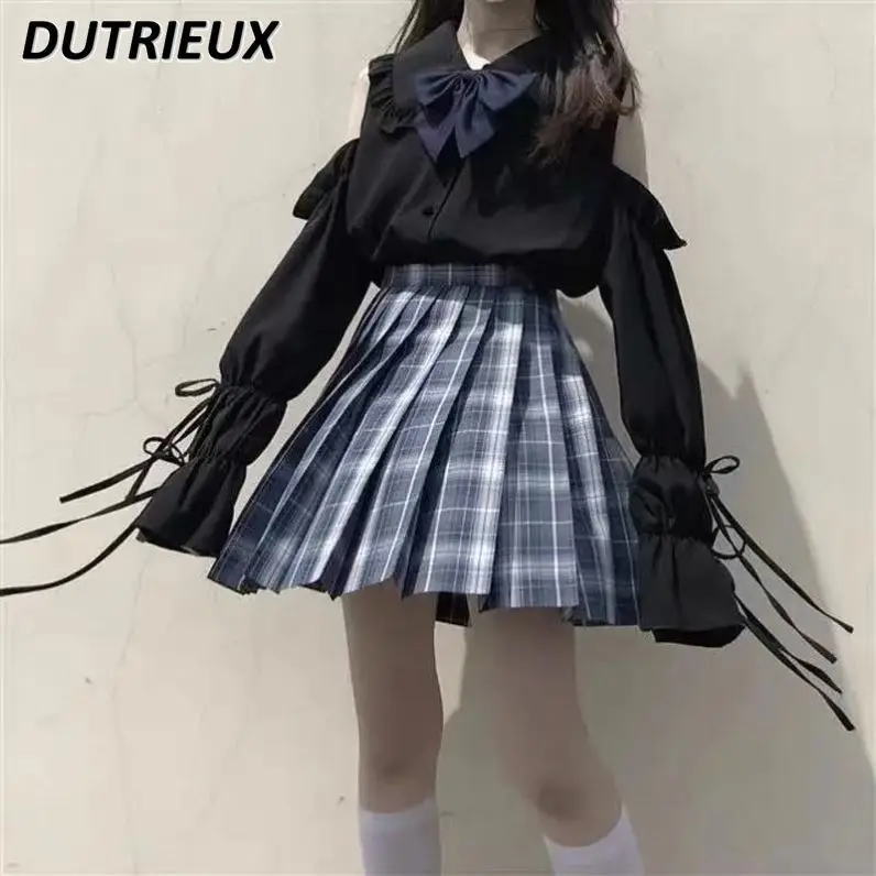 

Japanese Style JK Uniform Shirt Women's Bow Lolita Inner Bell Sleeve Doll Collar Off-the-Shoulder Long Sleeve Top Camisas