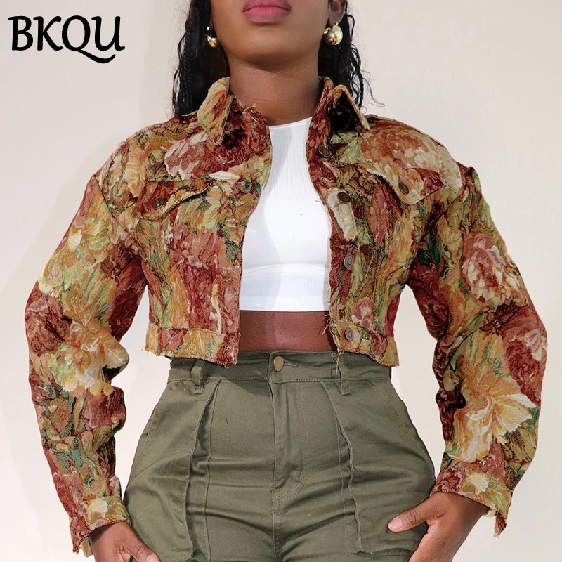 BKQU Vintage Jacquard Long-Sleeved Jackets Women Fashion Turn Down Collar Single Breasted Casual Short Coats Female Streetwear